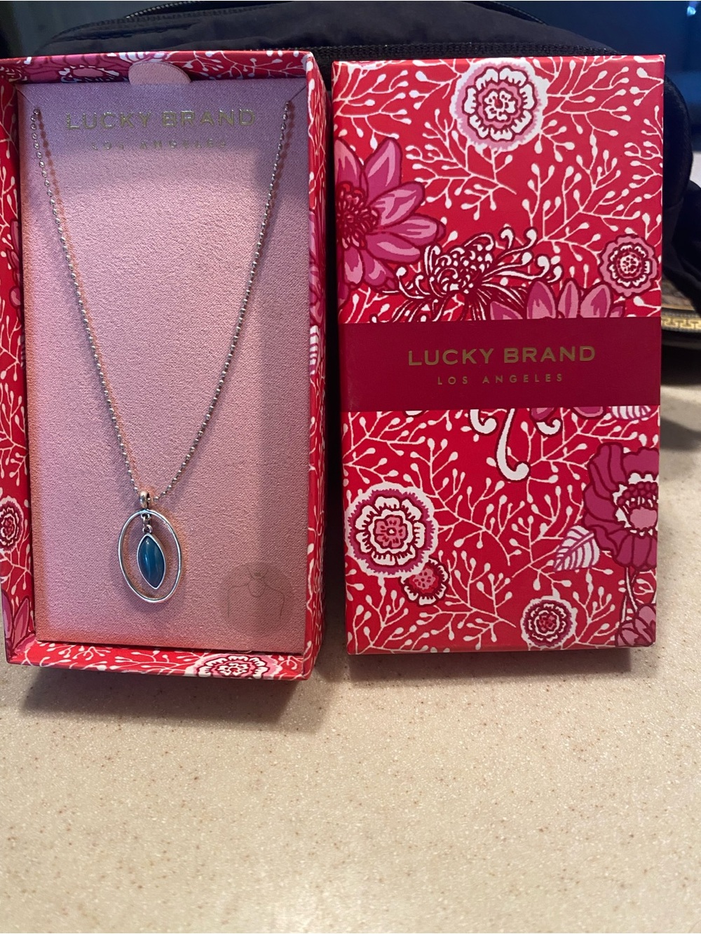 Lucky Brand Silver Necklace with Teardrop Blue Stone